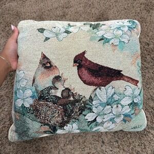 Lena Liu Cardinal Family Tapestry Throw Pillow Bird Floral Woven Accent 15"x15"